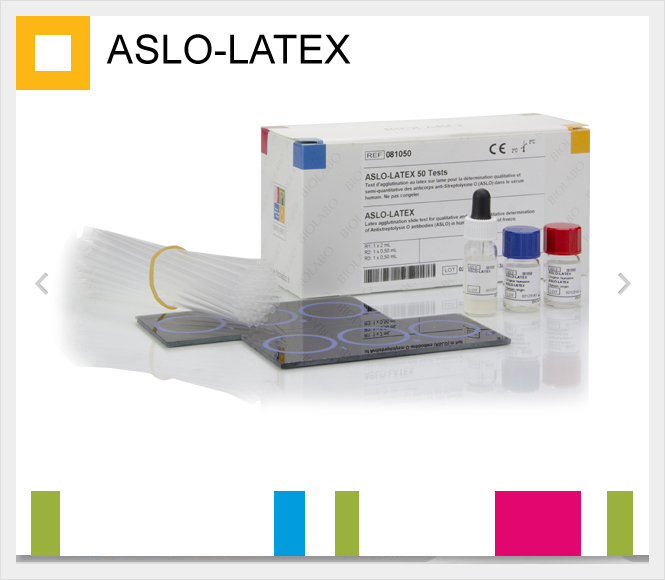 ASLO-LATEX R1: 1 x 2 mL R2: 1 x 0.5 mL R3: 1 x 0.5 mL 50 tests